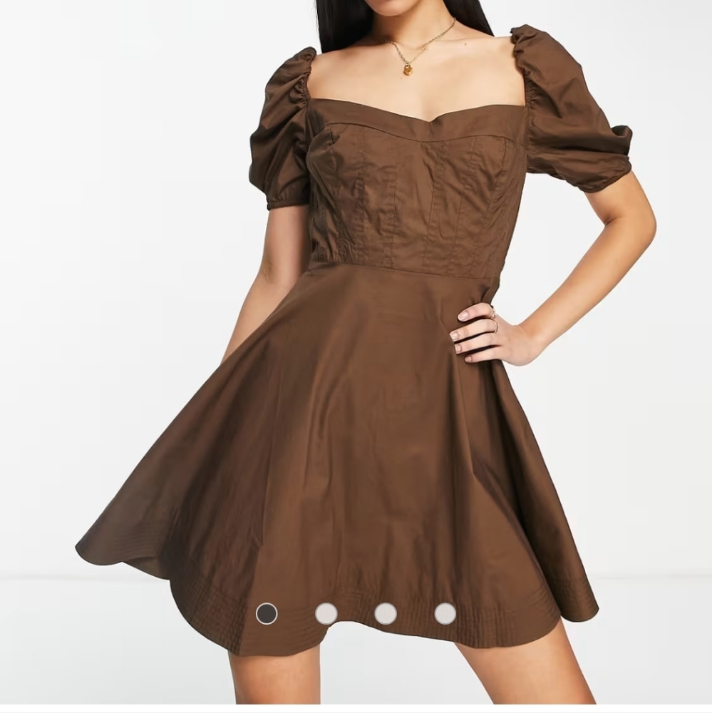 Bardot corset detail puff sleeve mini dress in chocolate brown S